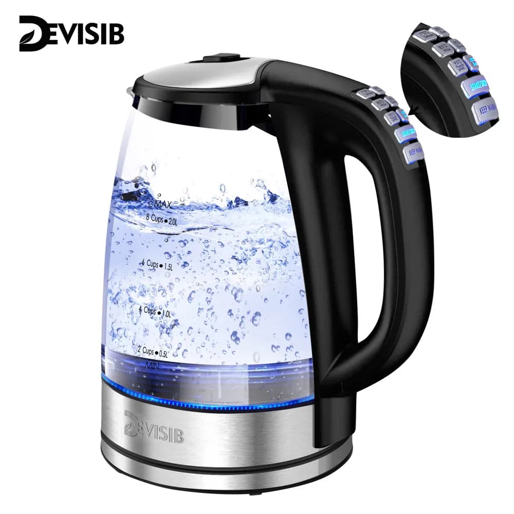 DEVISIB glass electric kettle, 2200 W rapid boiling, temperature control, keeps 4 hours hot, 2.0 litre tea kettle and hot water kettle