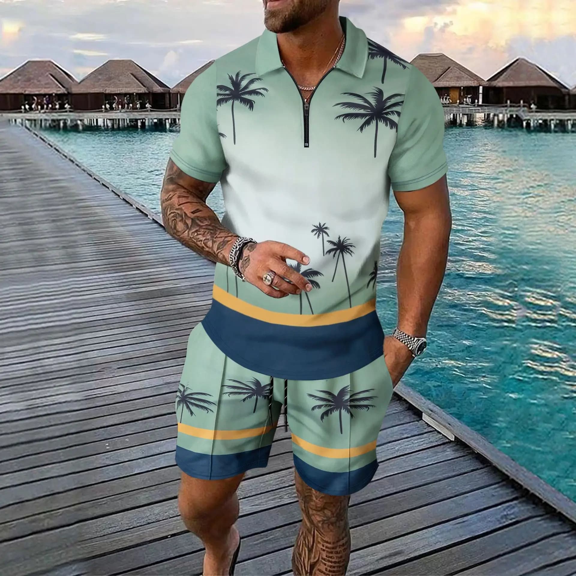 Youth Tropical Pattern Polo 2-Piece Set Short Sleeve Top & Shorts Casual Outfit