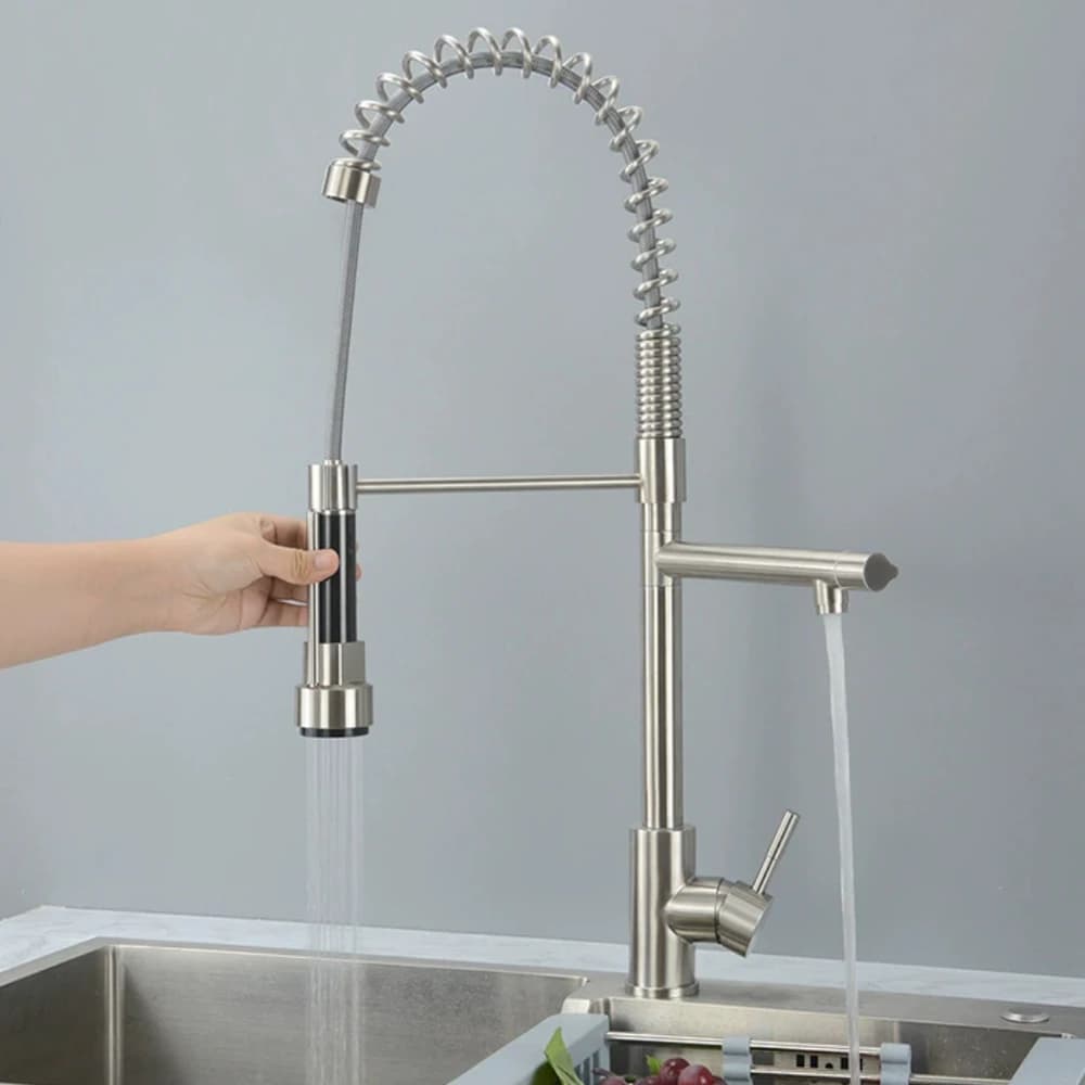 Spring Kitchen Faucet Stainless Steel body 304 Two models of water out, cold and hot tipping hose, 360-degree rotation of about 3 kg weight