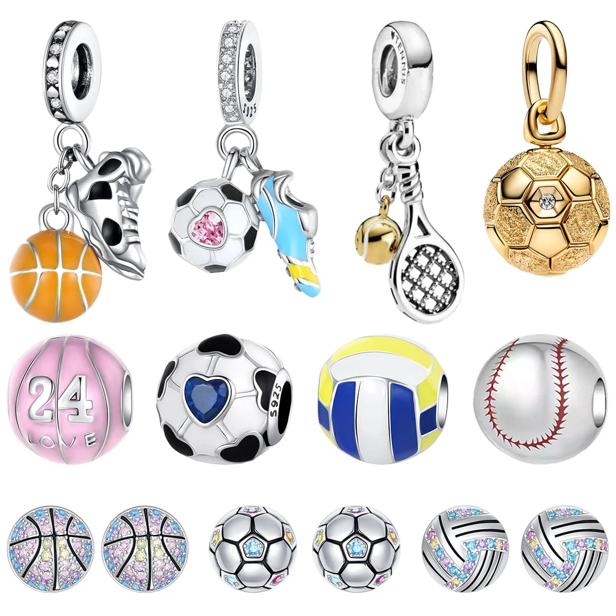 S925 Silver Pendant Bead Balls Soccer Basketball Tennis Baseball Volleyball Sneakers Charm Stud Earrings Jewelry DIY Bracelet