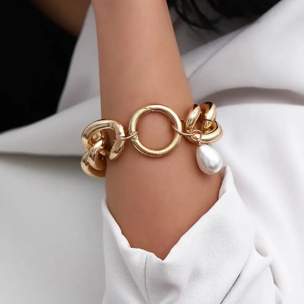 Vintage Imitation Pearl Pendant Bracelet Women Hip Hop Heavy Metal Chunky Lock Chain Bangles Couple Friends Hand Jewelry