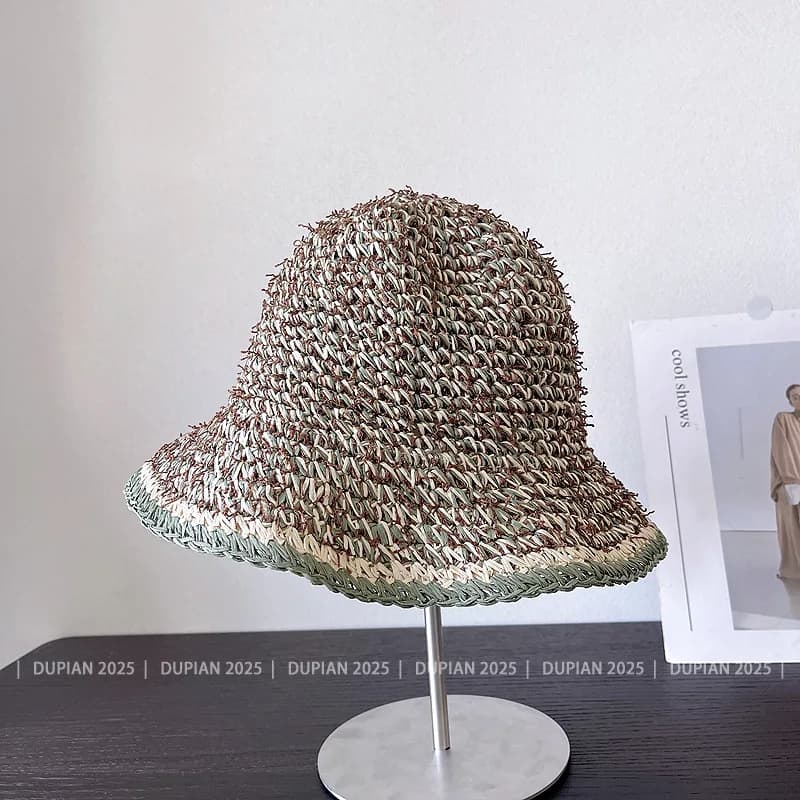Japanese Dopamine Mixed Color Handwoven Straw Hat for Women, Summer Wide Brim Sun Protection Beach Fisherman Knit Cap