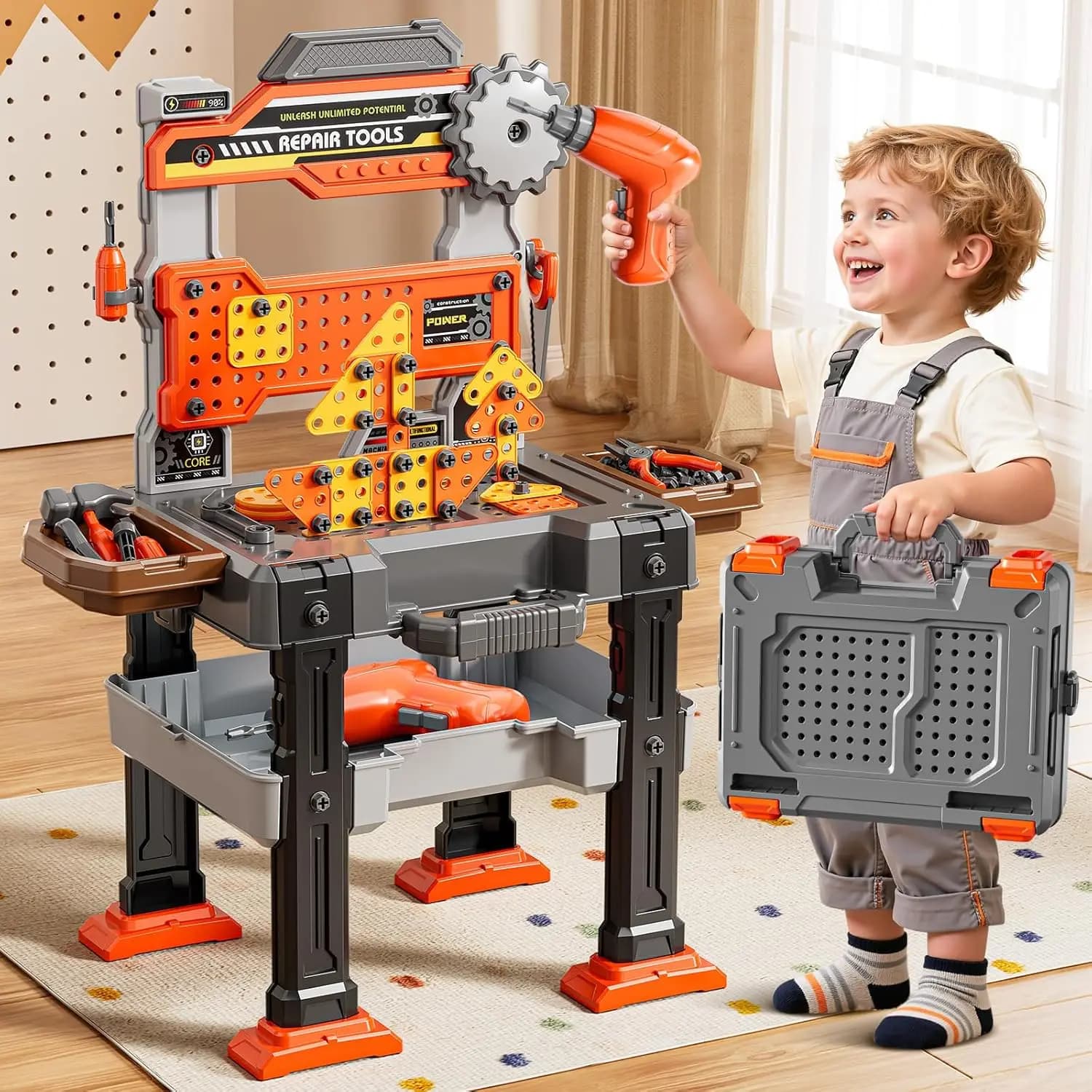 Toy Workbench 2 in 1 for Children 3-5 Years, Children's Tool Set with Electric Drill, Role Game Tool Box, Birthday Gift for Boys 3-8 Years