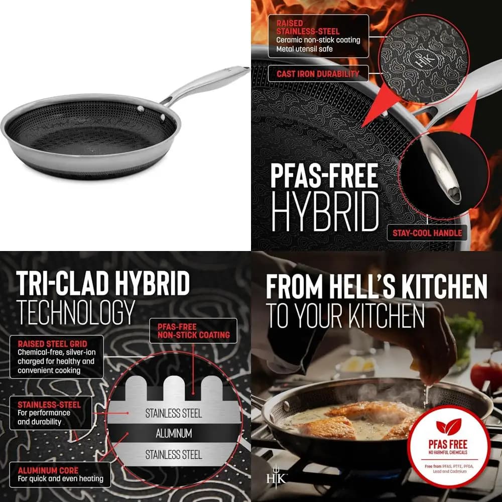 Tri-Clad stainless steel non-stick ceramic pan, without PFAS, without PFOA, PTFE or teflon, 9.5 inch hybrid kitchen pan