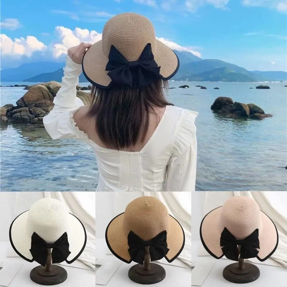 Large Bow Straw Weave Sun Hat Wide Brim Fisherman Hat Sunscreen Bucket Hat Breathable Sun Protection Bowknot Sun Cap Riding