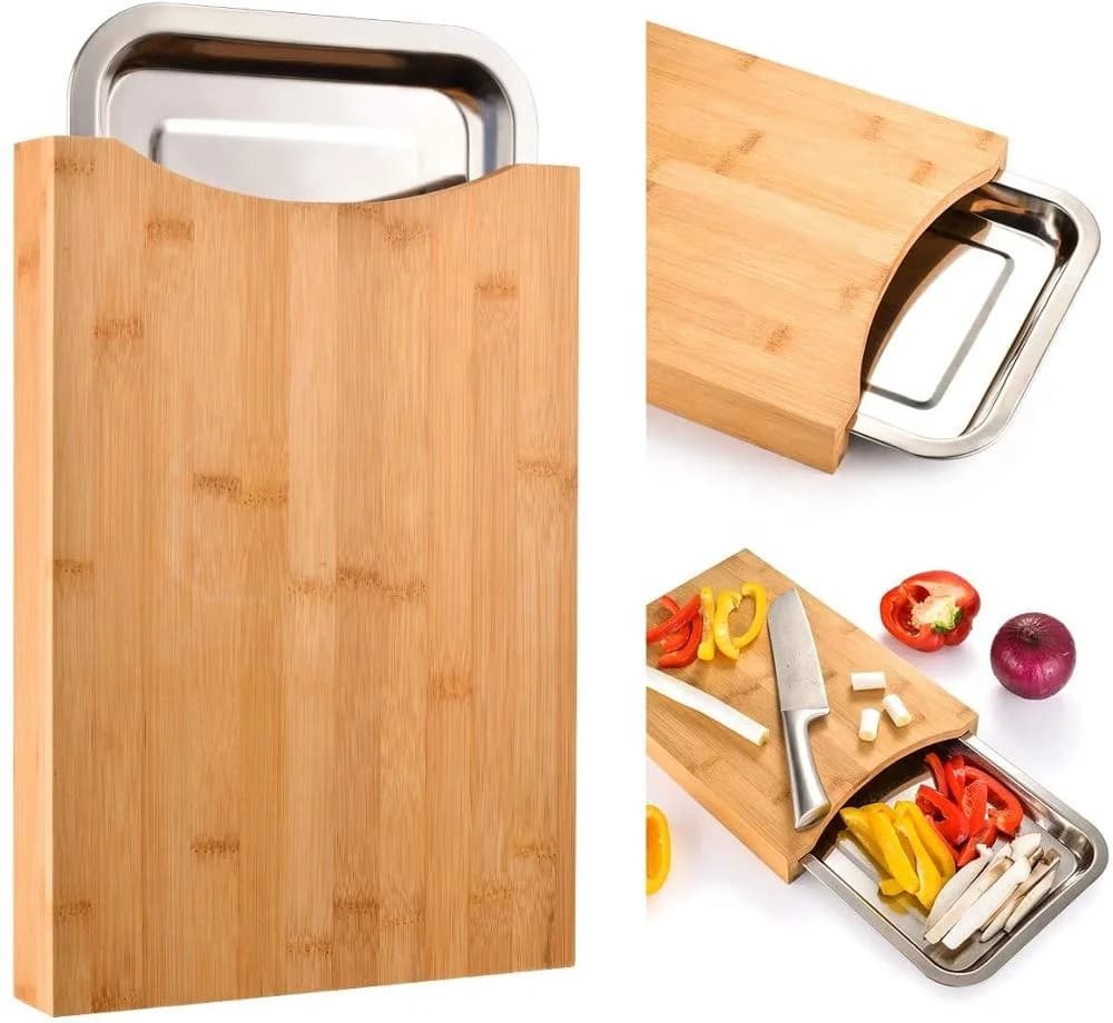 Kitchen Eco-friendly Bamboo Cutting Board with Sliding Stainless Steel Tray Drawer Bamboo Cutting Board