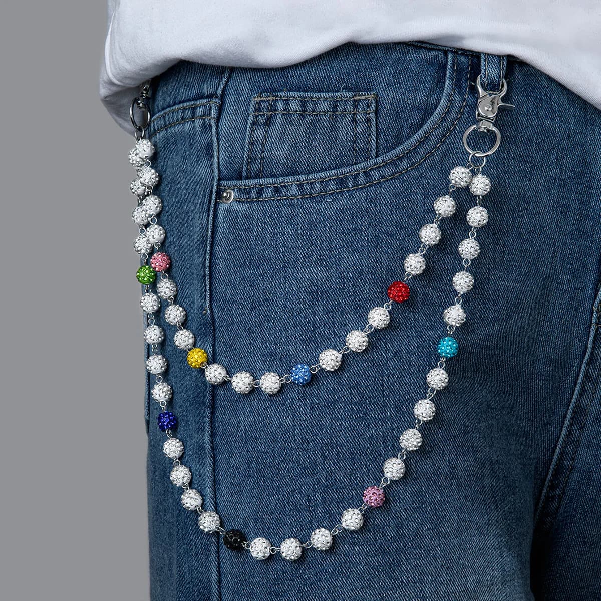 1 pezzo di jeans alla moda con palline in ceramica morbida con zirconi colorati a strati multistrato con catena sospesa e catena per il corpo neutra