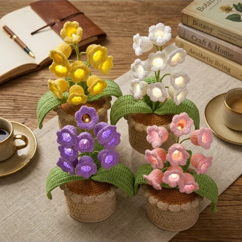 Crochet valley lily shaped night lamp, wireless table lamp to decorate the home desk, artificial flower shaped lamp, gift for women