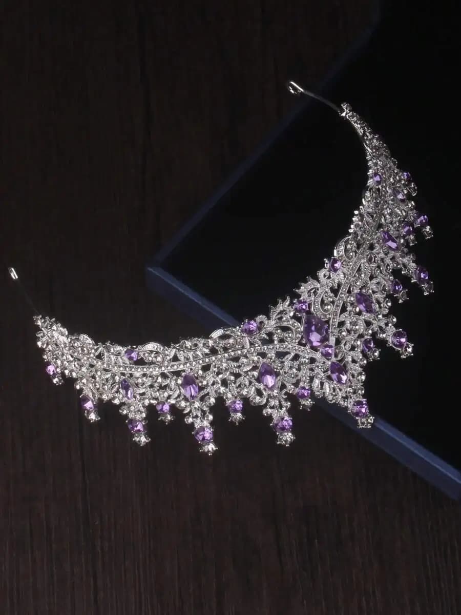 Elegante copricapo da sposa in cristallo viola con collana per matrimoni ed eventi formali