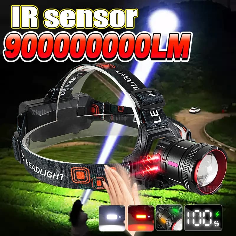 90000000LUX High Power Rechargeable Front Lamp Powerful Front Torch with Sensor 900W LED Headlights Lighting 4000M Outdoor Fishing