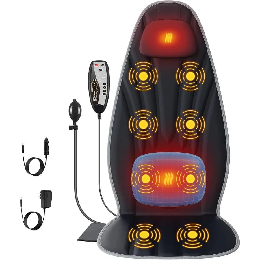 Back massager for chair Full back massager with 8 vibrating motors and 2 heat levels Massage armchair cushion with lumbar sup