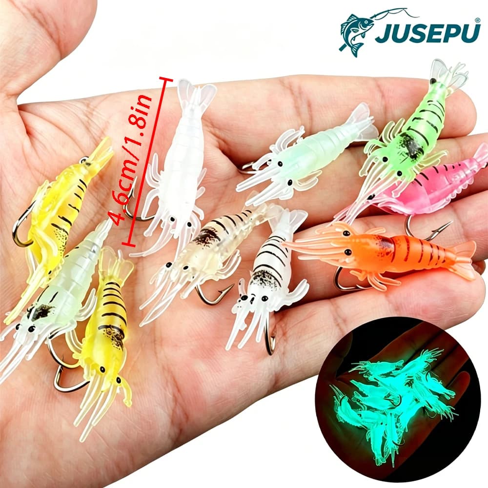JUSEPU Set di 10 Esche Morbide Luminose a Forma di Gamberetto con Amo, Esche Artificiali per Pesca in Acqua Salata e Dolce
