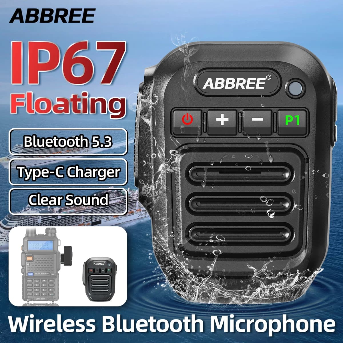 ABBREE IP67 Microfono altoparlante Bluetooth senza fili impermeabile per Baofeng UV-5R UV 5RH Quansheng UV K5 K5 (8) K6 Walkie Talkie