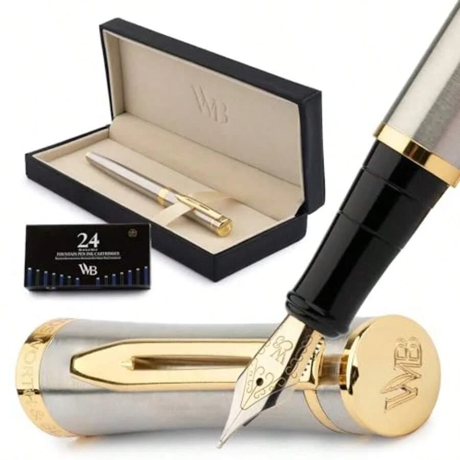Fountain Pen Set For Journaling And Calligraphy Stainless Steel With Silver-Gold Finish Smooth Writing Medium Nib Includes 24 I