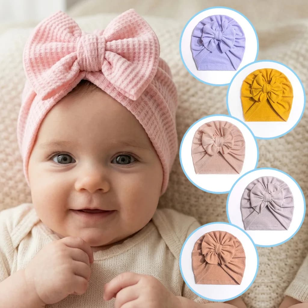 Cute Waffle Knit Bow Baby Turban Hat Stretch Warm Toddler Beanie Ideal Gift For Baby Shower Daily Photoshoot