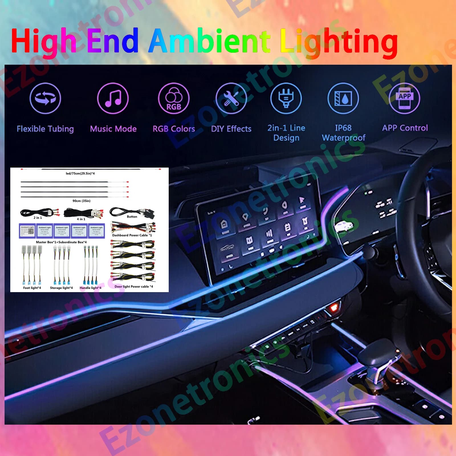 Luci ambientali interne a LED per auto 18in1 Striscia RGB in fibra ottica 256 colori Lampada decorativa per atmosfera automatica con controllo APP
