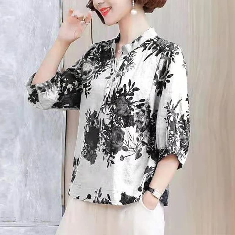 Fashion Women Vintage Loose Blouse Spring Summer Cotton Linen Print Pullovers Half Sleeve Button Oversized Casual Female Shirt