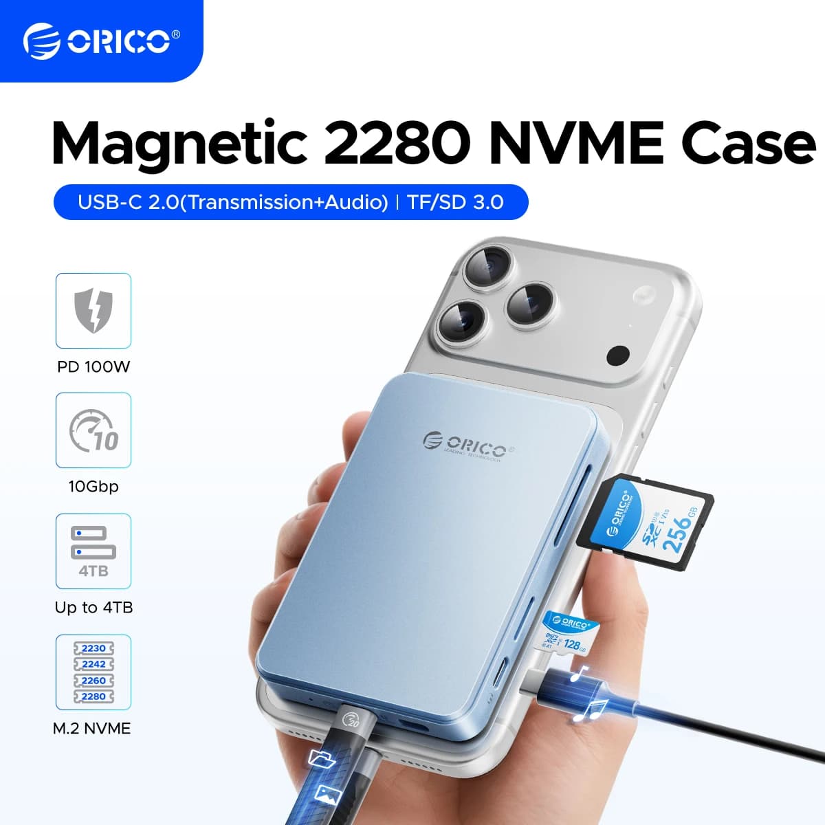 Custodia SSD ORICO M.2 NVMe 2230-2280 MagSafe USB C 3.2 con lettore di schede TF/SD 3.0 PD 100W per iPhone 16 17 Pro ProRes