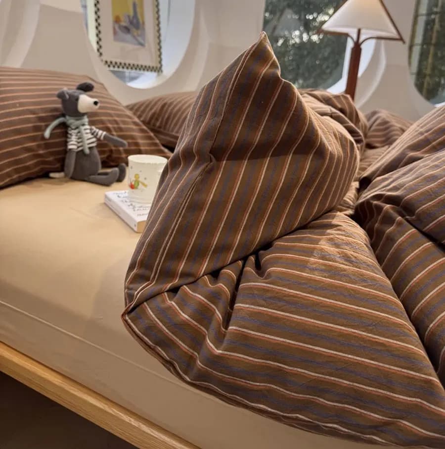 Set letto alla moda a righe maillard, doppia regina piena king, retro, semplice, geometrico, in cotone, per la casa, lenzuolo, federa, copripiumino
