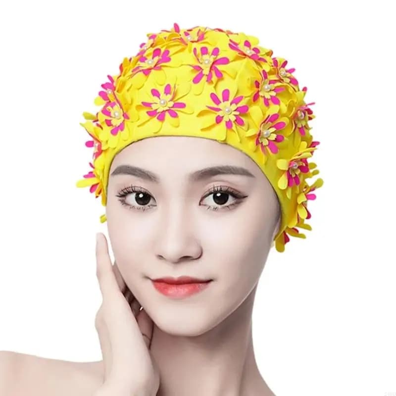 Elegante cuffia da nuoto in cotone con decorazione floreale a 3 strati per donna e uomo. Attrezzatura da nuoto alla 24BD