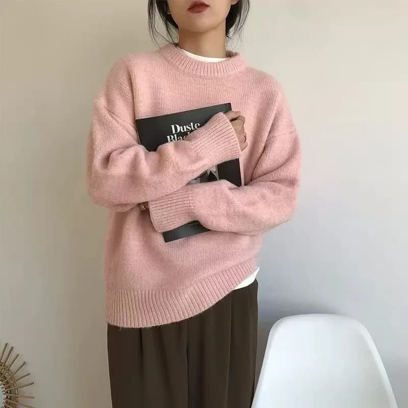 Lazy Style O-Neck Knitted Sweaters Women Autumn Solid Color Loose Pullover Sweater Harajuku Retro Versatile Knitting Jumpers