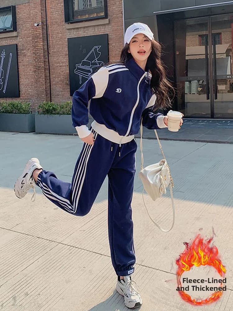 Casual Sportswear Set Women's Faion Patchwork Sweatirt Pants Two-Piece Suit Autumn Spring Seasonal Long Sve Zipper Clo...