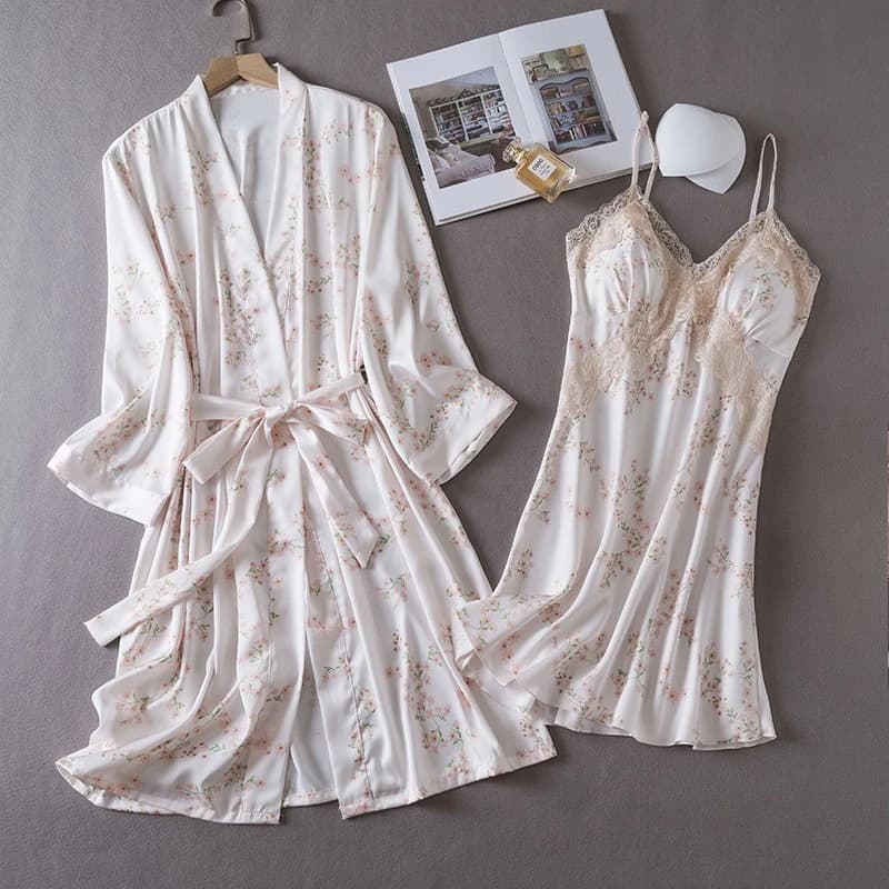 Set Vestaglia Stampata da Donna in Pizzo 2 Pezzi, Camicia da Notte e Kimono con Scollo a V, in Raso, per Esterni e Casa, Estivo