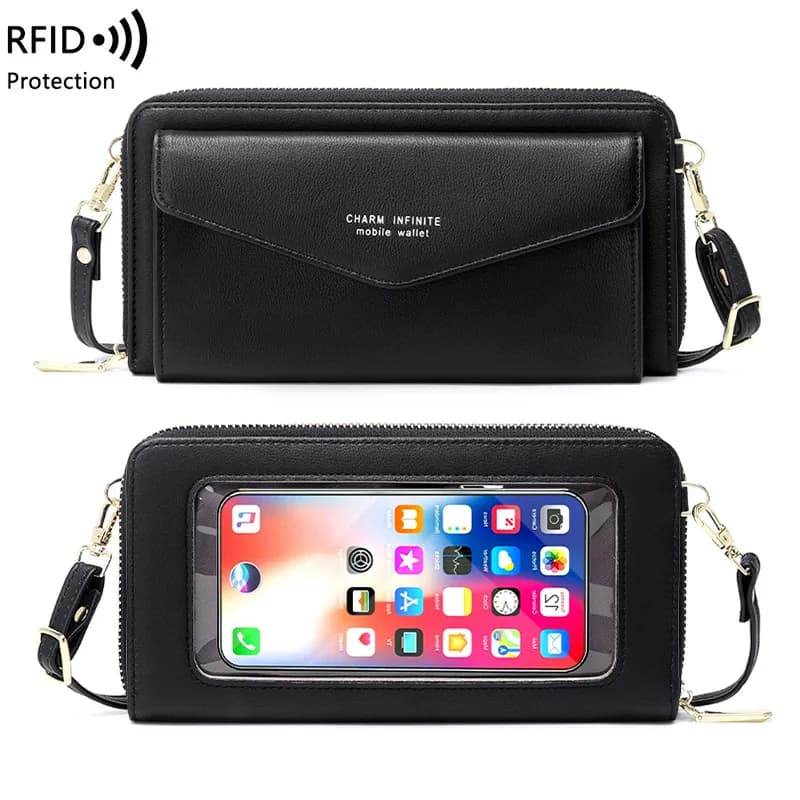 Touch Screen Mobile Phone Shoulder Bag for Women RFID Anti-theft Brush Card Holder Multi-function Crossbody Wallet Clutch Bag