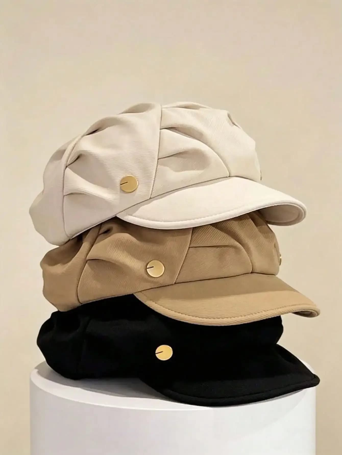 1pc Women's Adjustable Soft Fabric Elegant French Pleated Beret Hat, Newsboy Cap Style With Metal Buckle Decor, Versatile Accessory For Daily Wear, Spring And Autumn