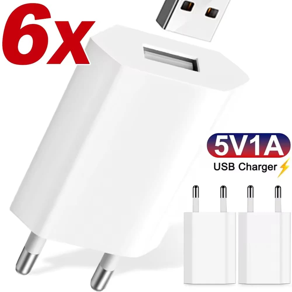 Caricatore USB da Parete 5V/1A 1/2/3/4/5 Pezzi Spina EU Adattatori per Smartphone Universali iPhone 16 Samsung Xiaomi 15 Huawei