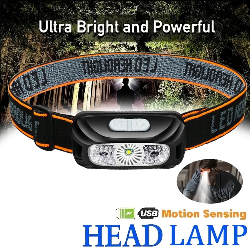 LED Front Lamp Rechargeable with Sensor, Head torch with Battery Integrated for Camping, Fishing and Open Activities