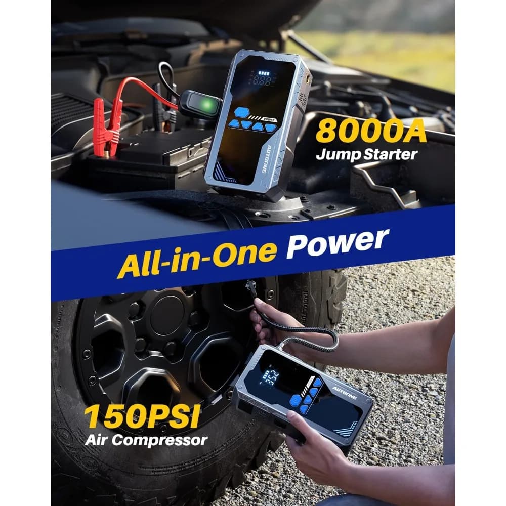 Avviatore di emergenza 8000A con compressore d'aria (tutti i gas/12 litri diesel), avviamento di ponticello per auto da 150 PSI portatile