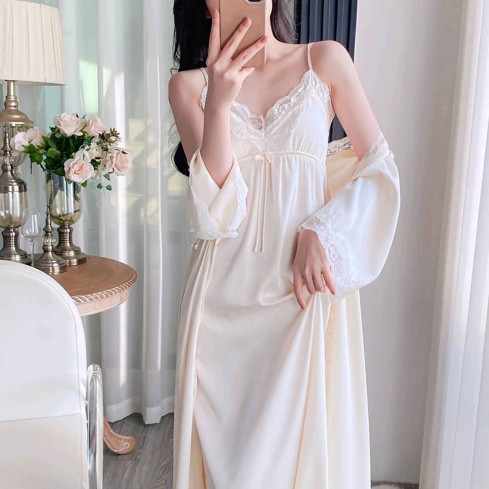 Sexy Lace Trim Kimono Bathrobe Gown Suspender Nightdress Loose Long Robe Two Piece Set Casual Satin Homewear Loungewear