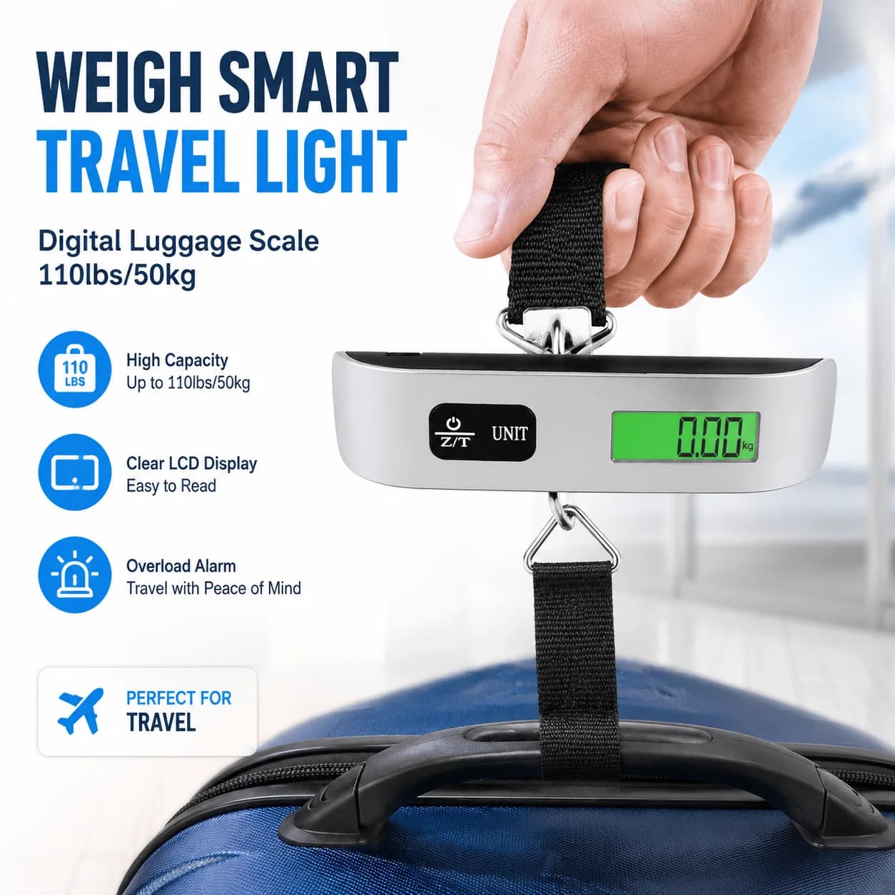 Digital Luggage Scale 110lbs/50kg Portable Handheld Suitcase Weigher with LCD Display and Overload Alarm for Travel