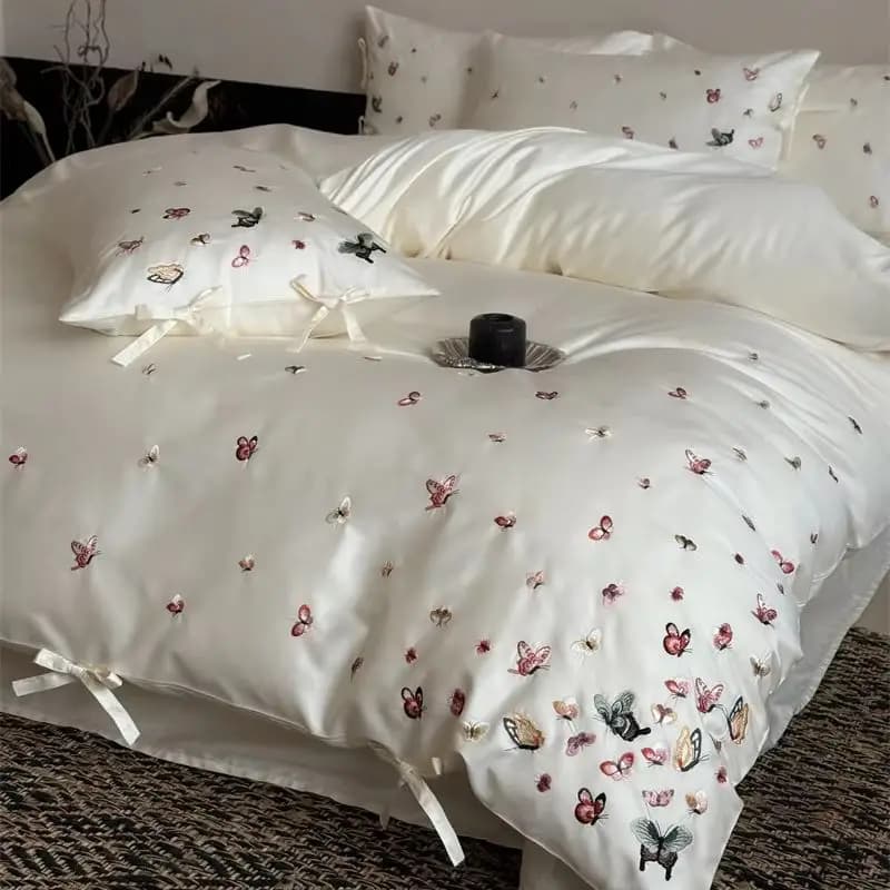 100% Egyptian Cotton Colorful Butterfly Embroidery Champagne Luxury Bedding Set Duvet Cover Bed Sheet/Fitted Sheet Pillowcases