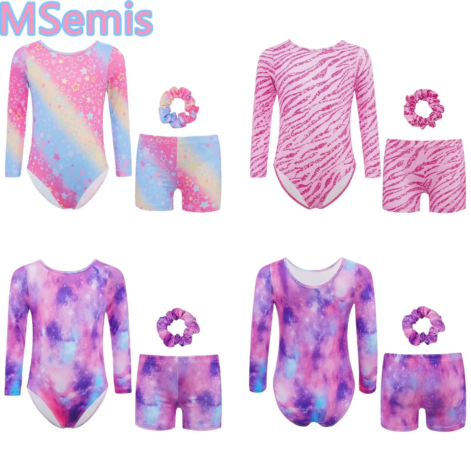 Completo da ginnastica per bambine, girocollo, maniche lunghe, con stampa cielo stellato/zebrato/a stella, body con pantaloncini e copricapo