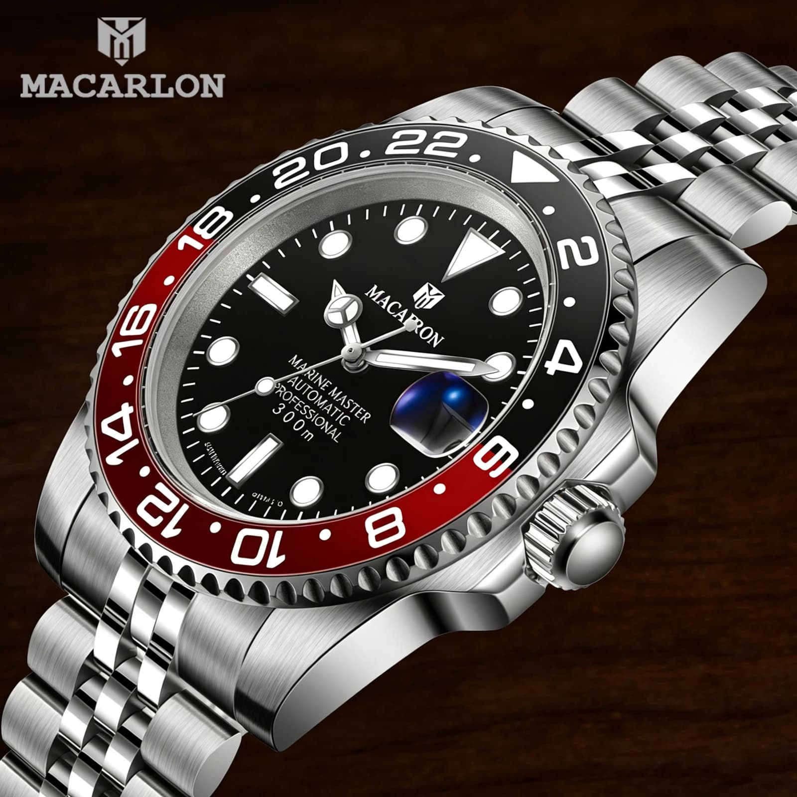 MACARLON, men's luxury mechanical watch with sapphire crystal, 41 mm, stainless steel, waterproof up to 300 m.