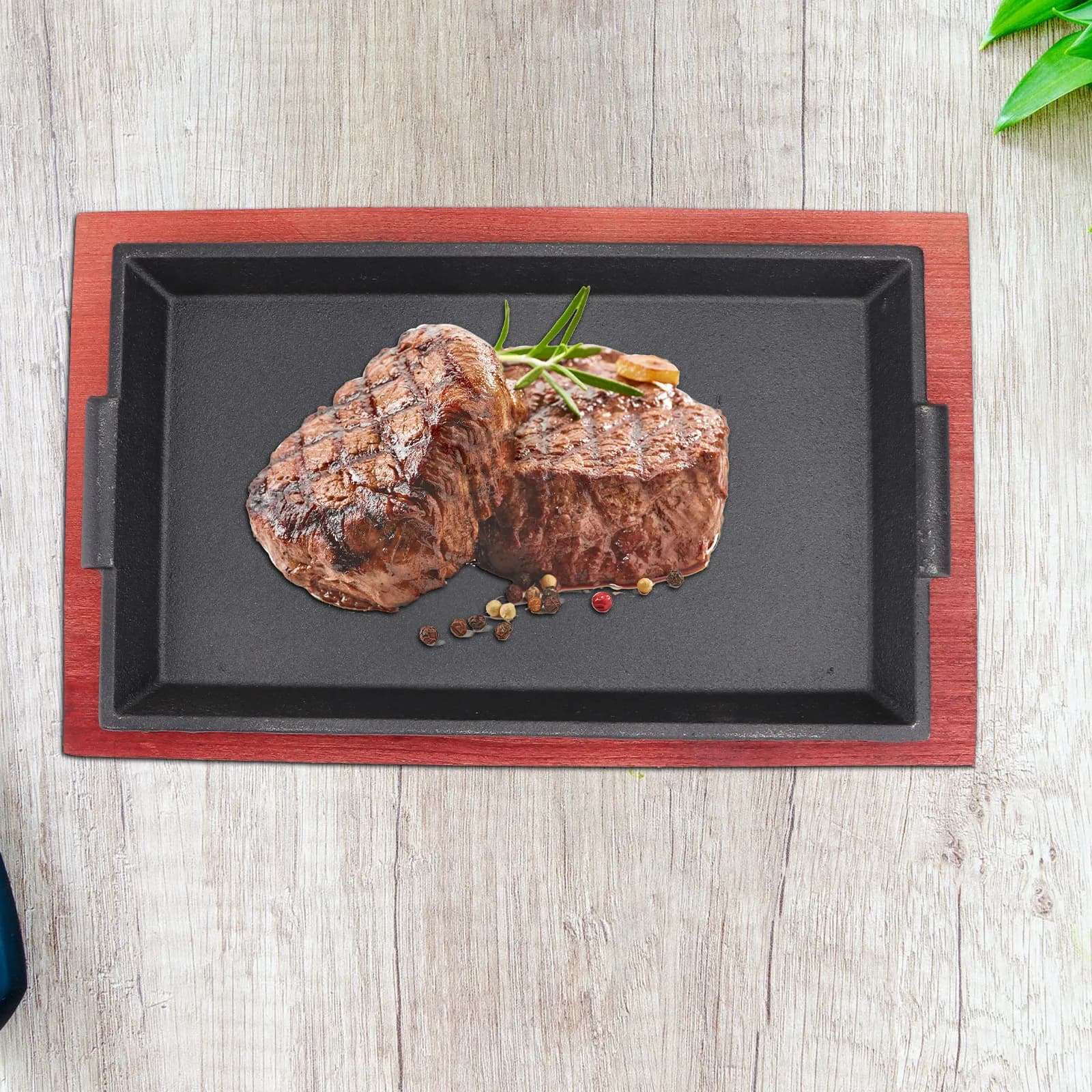 1Pcs Cast Iron Bbq Frying Pan Wood Handle Non Stick Steak Plate Teppanyaki Roasting Baking Tray Barbecue Dish Bbq Dish