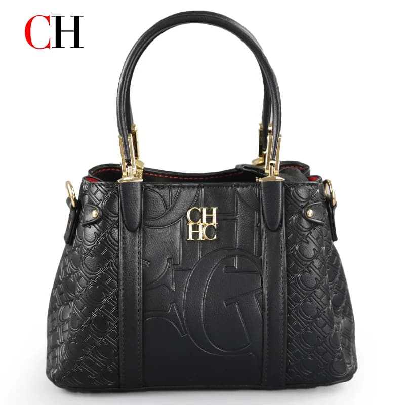 Borsa Tote da Donna CH con Monogramma in Rilievo, in Pelle PU, Manico Superiore, Accessori Dorati e Tracolla Staccabile