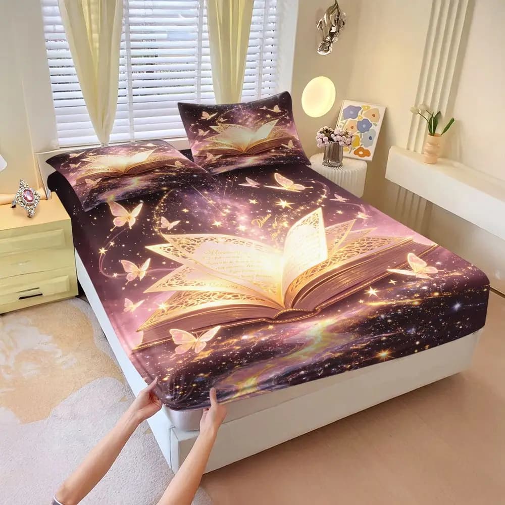 Book Butterfly Print Fitted Sheet Set Bed Sheet Set Fantasy Galaxy Bedding Set Soft Elastic Fabric for Bedroom Decor