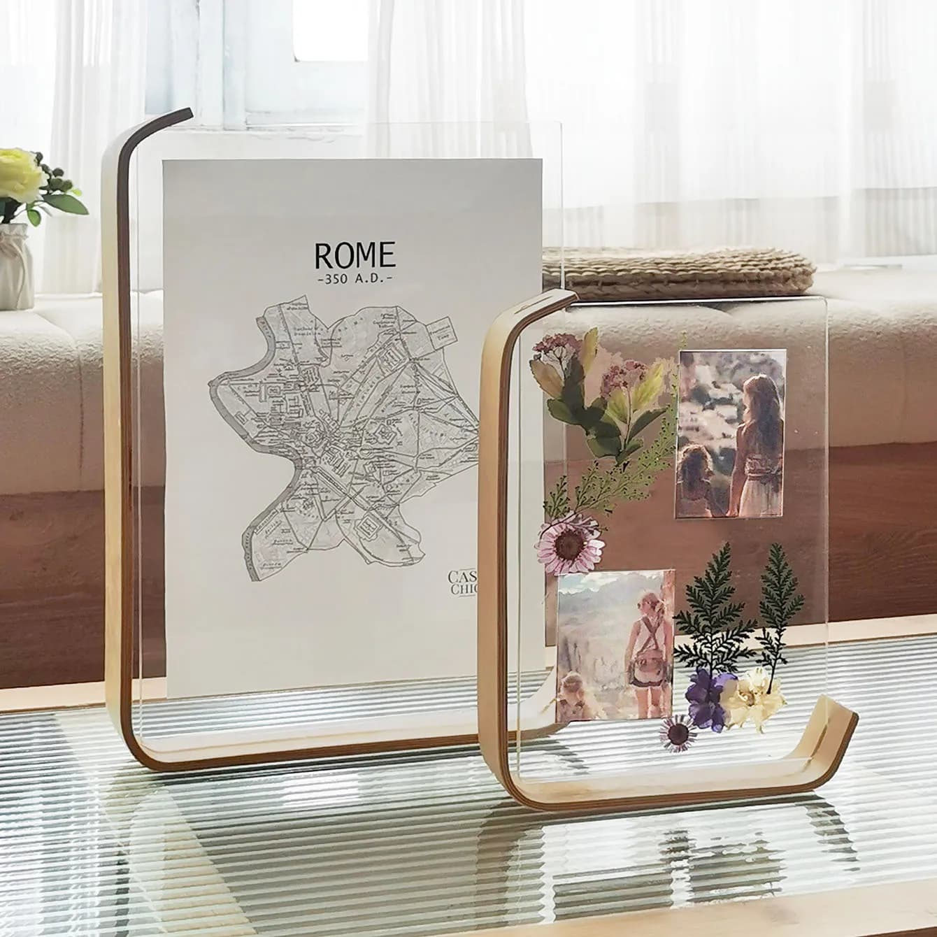 Cornice in legno Tavolo altalena Cornice per esposizione trasparente per erbario fai-da-te Scatola per foto personalizzata bifacciale in acrilico Decorazioni per la casa