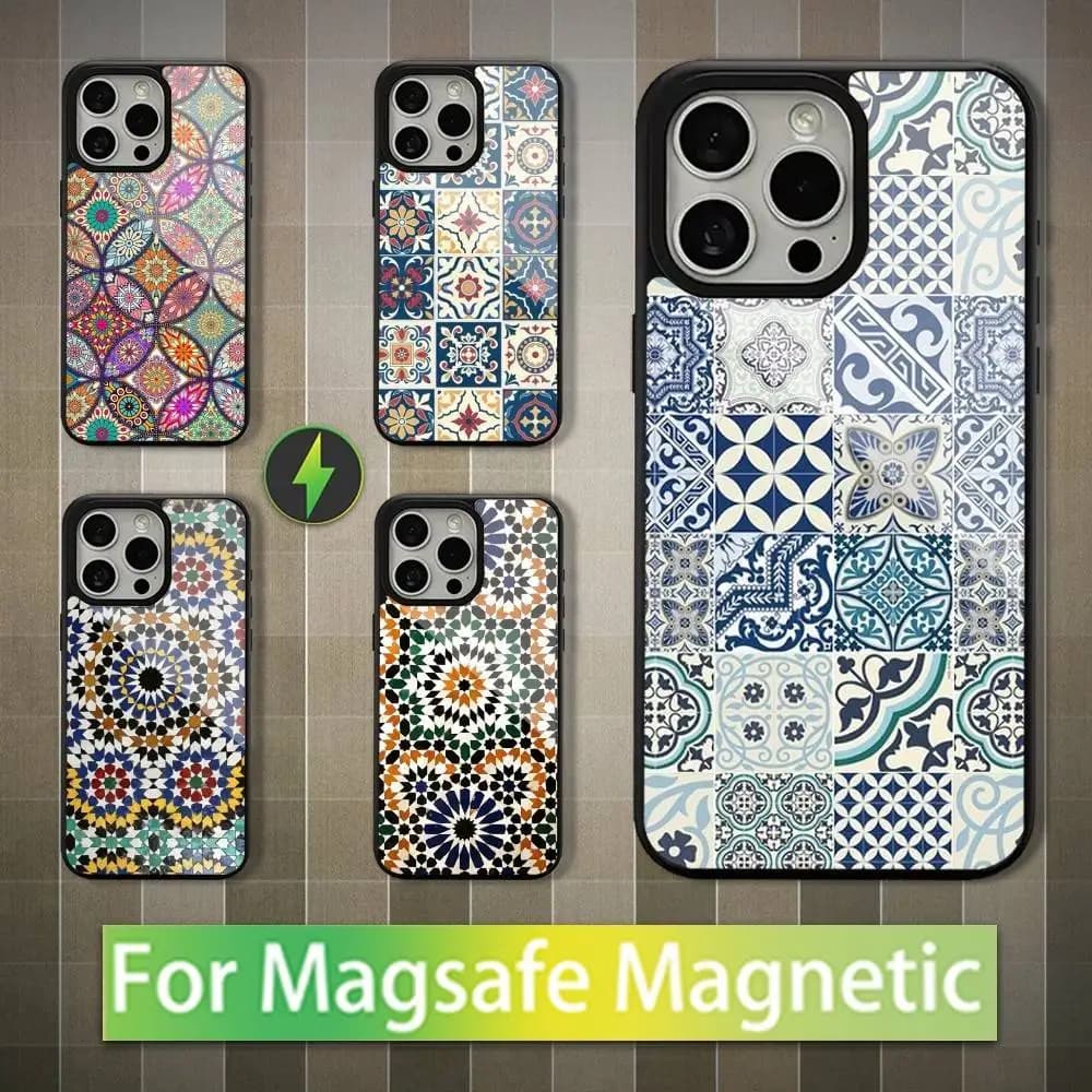 Custodia Magnetica per Ricarica Wireless Magsafe con Design a Piastrelle Marocchine per iPhone Mini, 13, Max, 11, 15, 17, 14, Plus, 12, Pro, 16