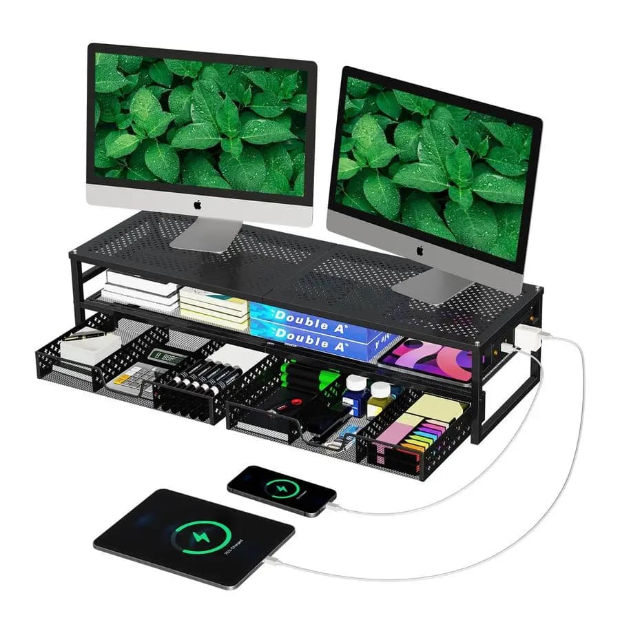Support for 2 Level Metal Monitor with USB 2.0 and Charging Door, Computer Desk Organizer with Two Drawers
