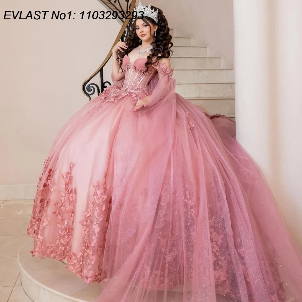 EVLAST Personalizzato Lucido Blush Abito di Sfera Abito Quinceanera Applique di Pizzo In Rilievo Mantello di Cristallo Dolce 16 Abiti Da 15 Anos E1Q917