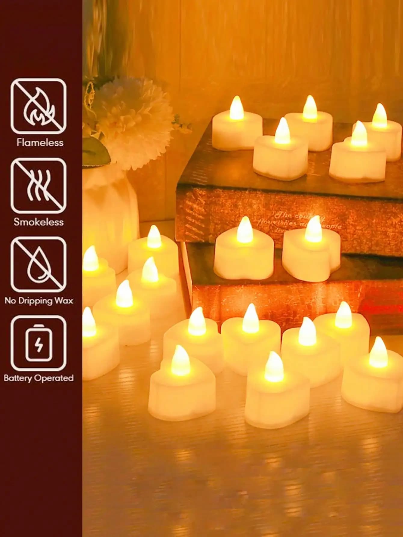 Set da 6/12/24 Candele LED a Forma di Cuore, Luce Calda Senza Fiamma, 1,7 Pollici, Luce Notturna Decorativa, Illuminazione d'Ambiente Creativa per Matrimoni