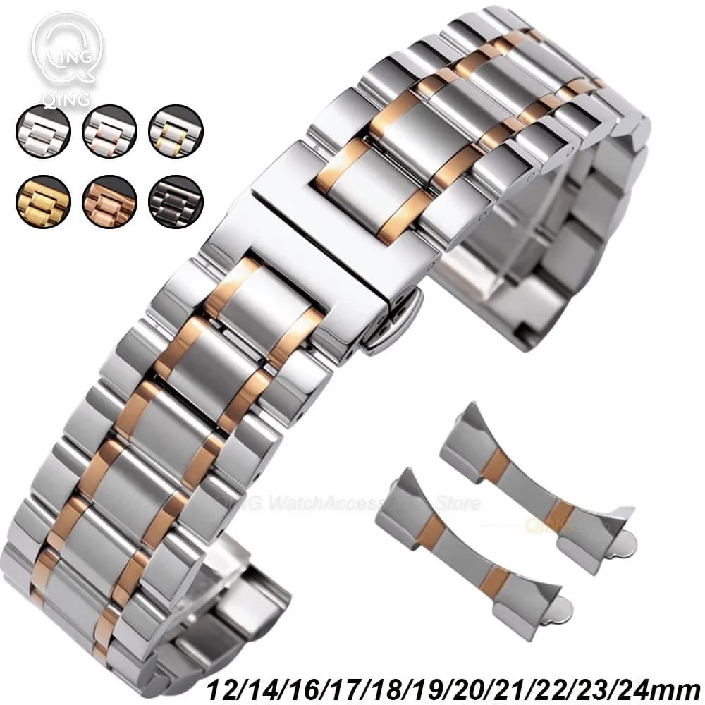 12/14/16/17/18/19/20/21/22/23/24mm Butterfly Clasp Metal Curved End WatchBand Women Men Sport Watch Strap Solid Replace Bracelet