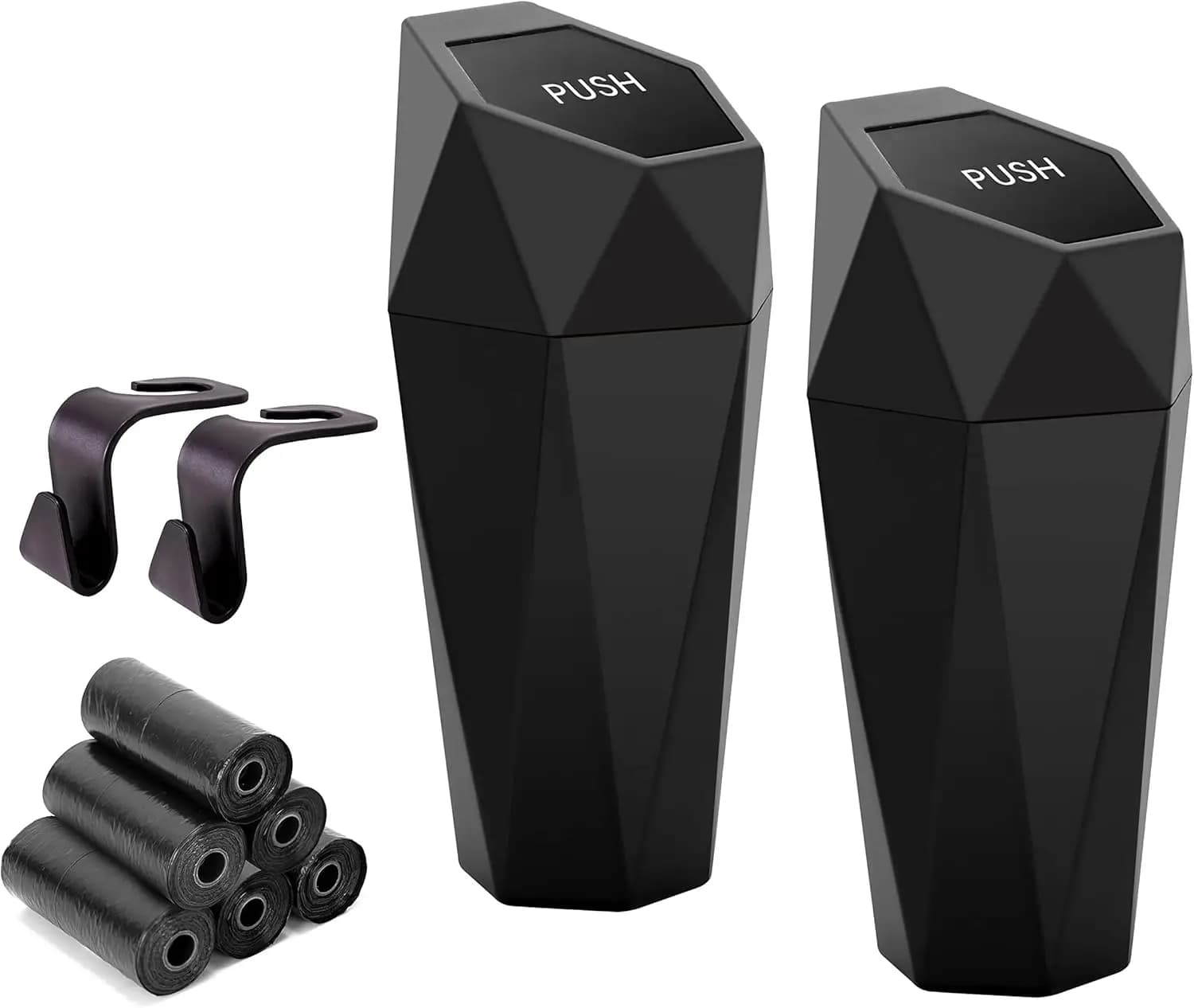 Set di 2 Contenitori per Rifiuti da Auto con Coperchio, Mini Bidone Impermeabile per Portabicchieri, Accessori Auto con 90 Sacchetti e 2 Ganci, Nero