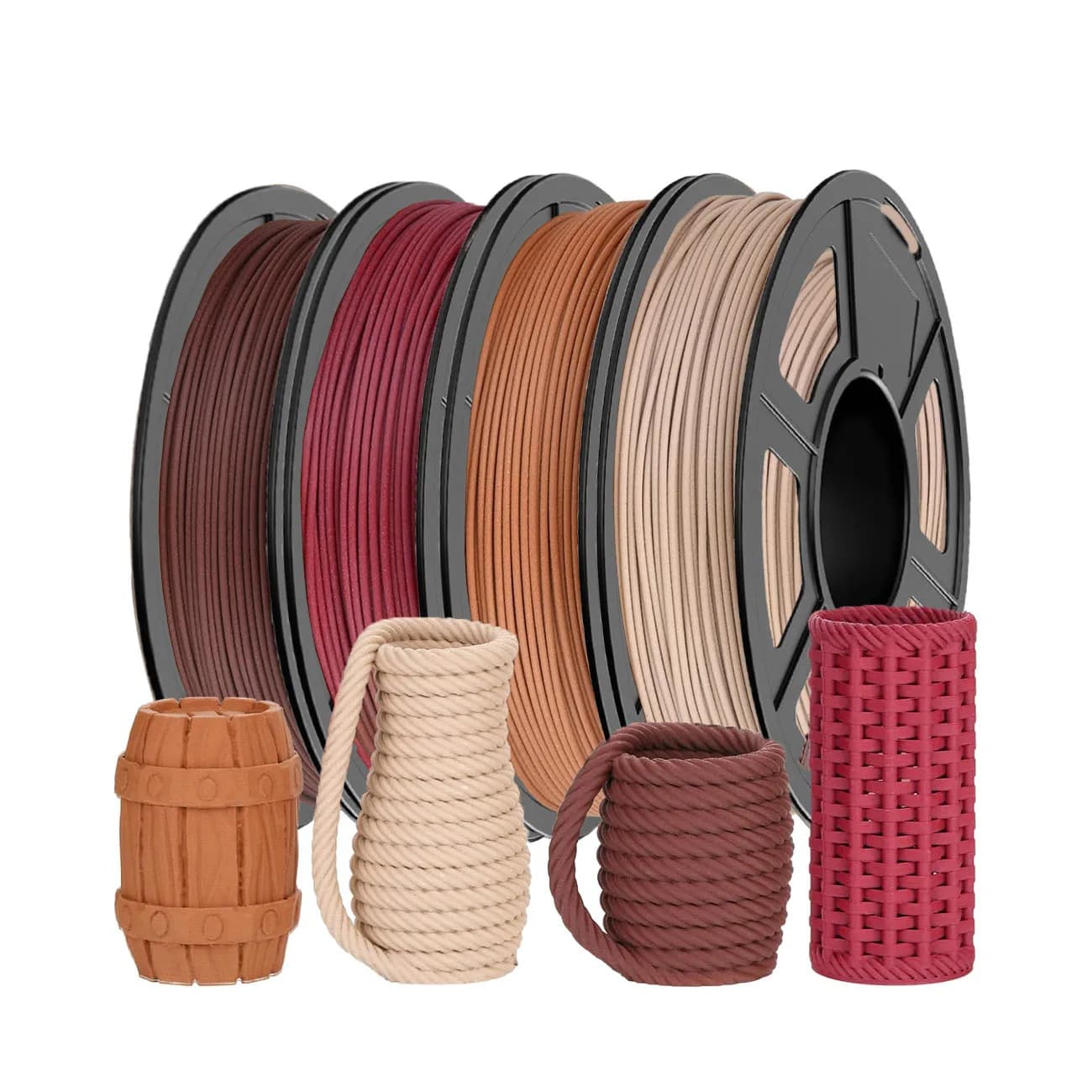 3D printer filament package in real wood fiber, 3D printing filament PLA 1,75 mm, +/- 0.03 mm, (red, light, yellow, ebony wood