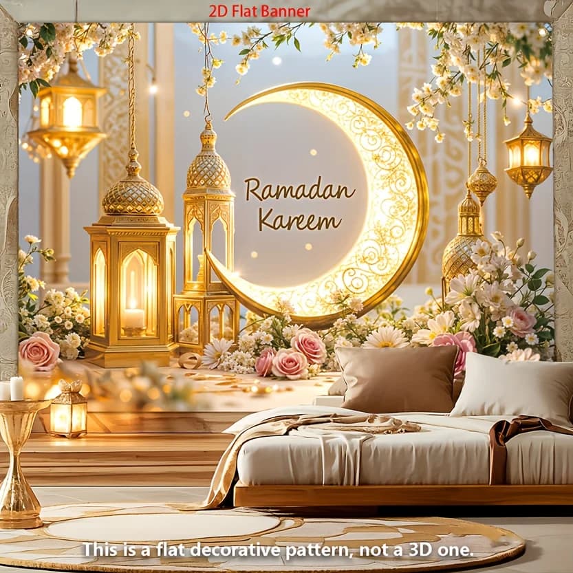VIKAMA Ramadan Decoration Banner Tapestry Golden Ramadan Kareem Crescent Lantern Flower Print Living Room Bedroom Wall Decor