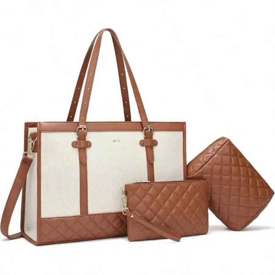 Set di 3 Borse per Laptop da Donna, Borsa Tote in Tela da 15,6 Pollici, Borse da Lavoro, Valigetta Grande per Computer, Borsa a Tracolla, Borsetta